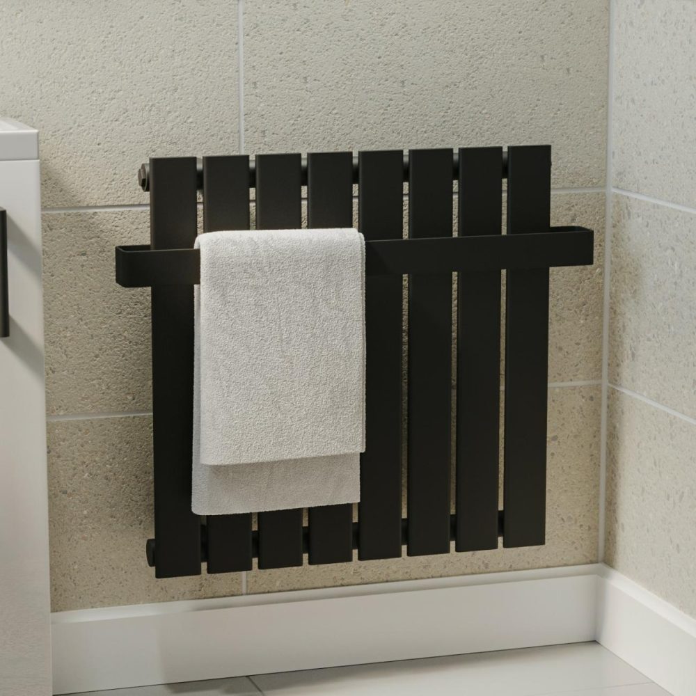 Black Horizontal Single Panel Radiator With Heated Towel Bar 600 X 604Mm – Mojave Heating