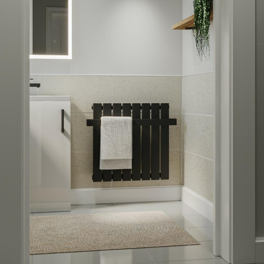 Black Horizontal Single Panel Radiator With Heated Towel Bar 600 X 604Mm – Mojave Heating