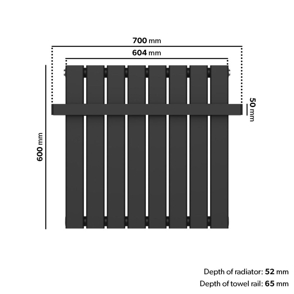 Black Horizontal Single Panel Radiator With Heated Towel Bar 600 X 604Mm – Mojave Heating