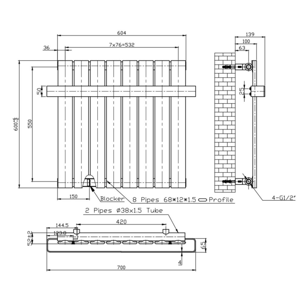 Black Horizontal Single Panel Radiator With Heated Towel Bar 600 X 604Mm – Mojave Heating