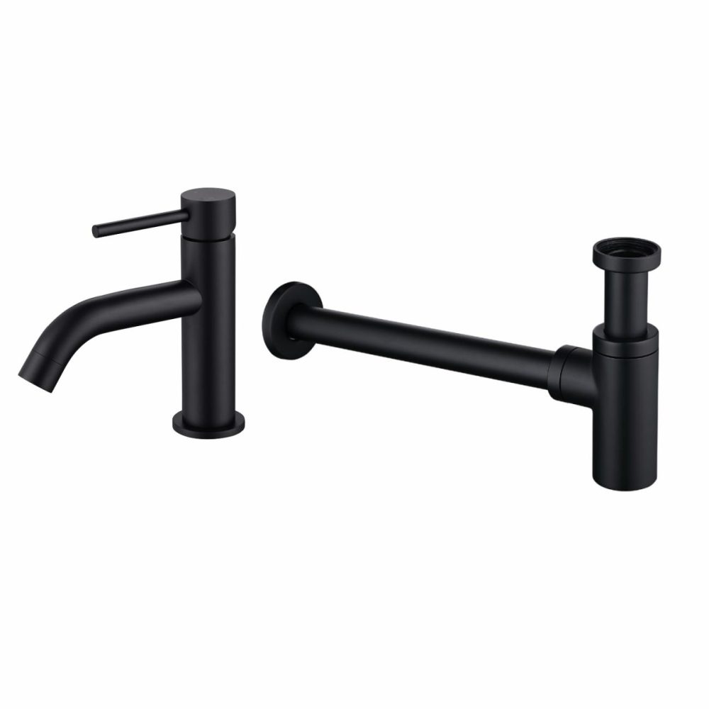 Black Round Bottle Trap And Cloakroom Basin Tap Set – Arissa Bathroom