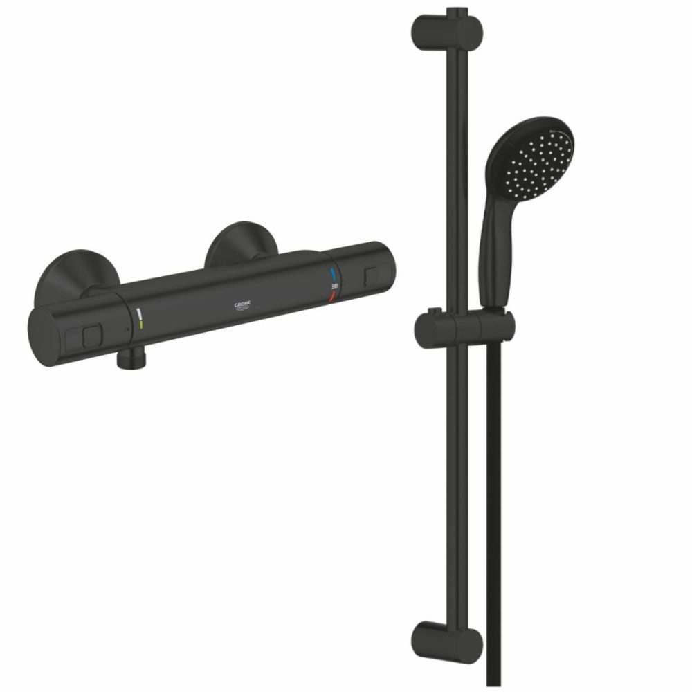 Black Thermostatic Mixer Shower With Slide Rail Kit Bathroom