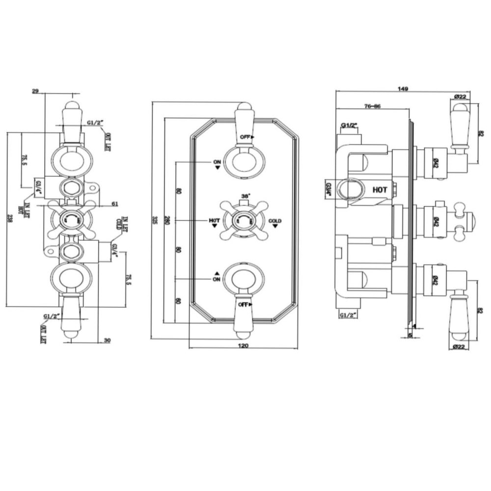 Black Traditional 2 Outlet Concealed Thermostatic Concealed Shower Valve With Triple Control – Cambridge Bathroom