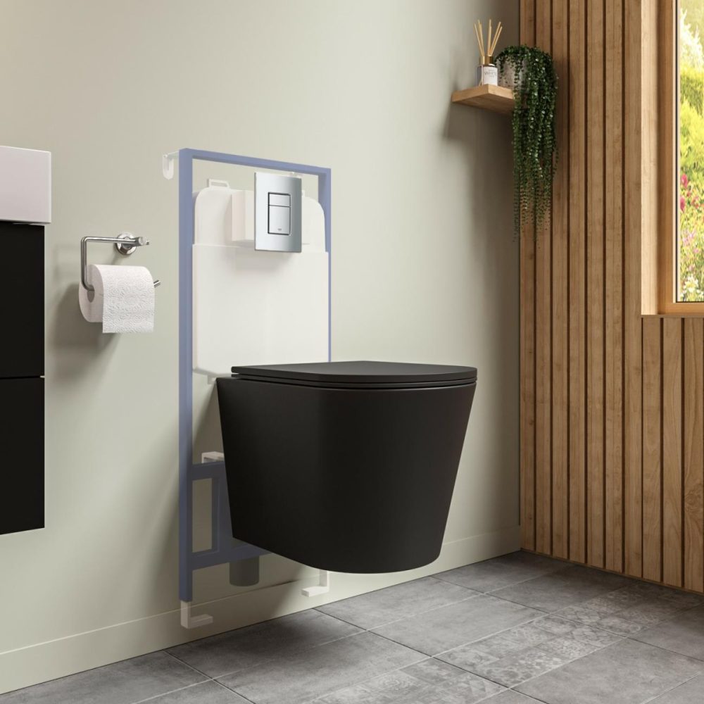 Black Wall Hung Toilet With Soft Close Seat Frame Cistern And Chrome Flush – Verona Bathroom