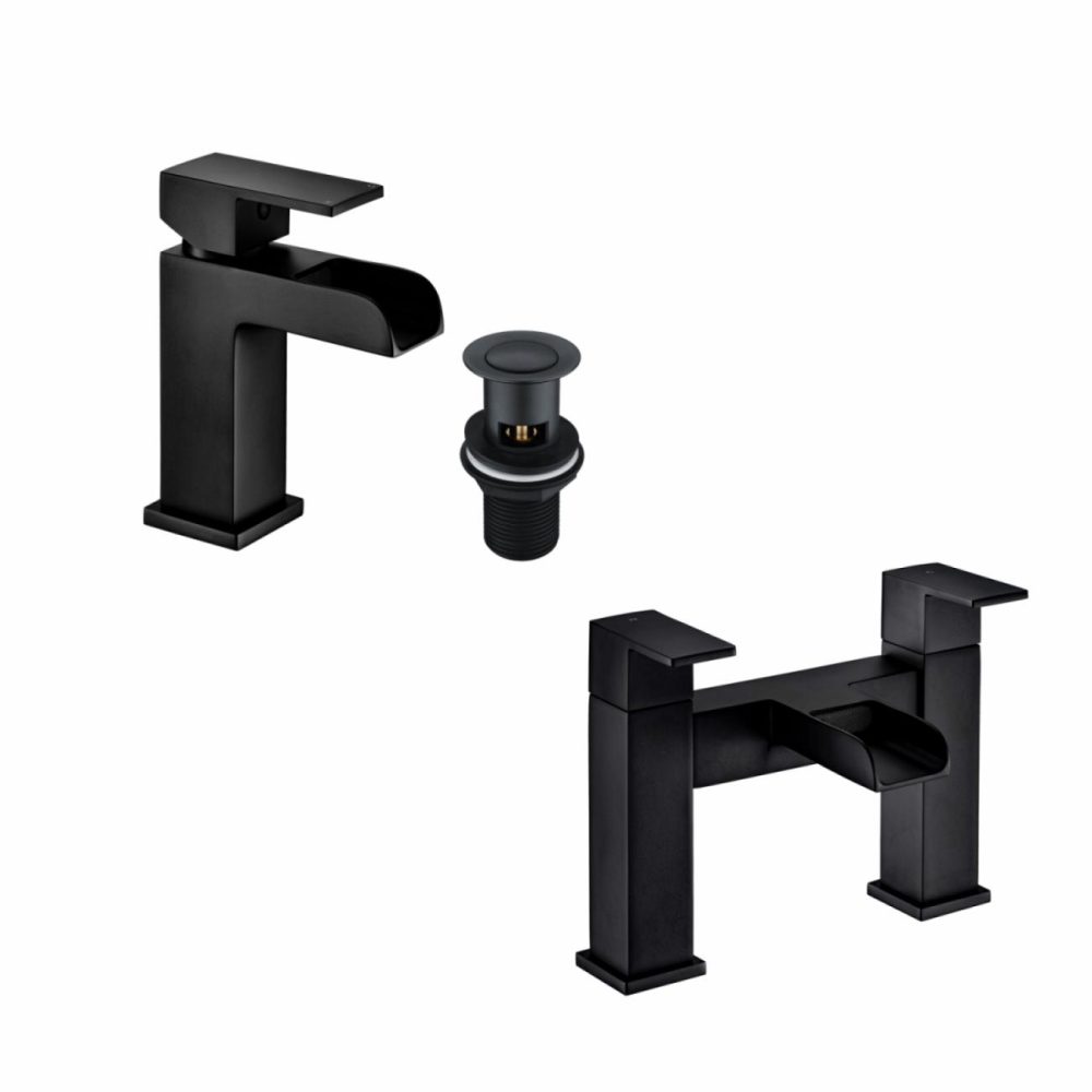 Black Waterfall Bath And Basin Tap Set With Basin Waste – Quadra Bathroom