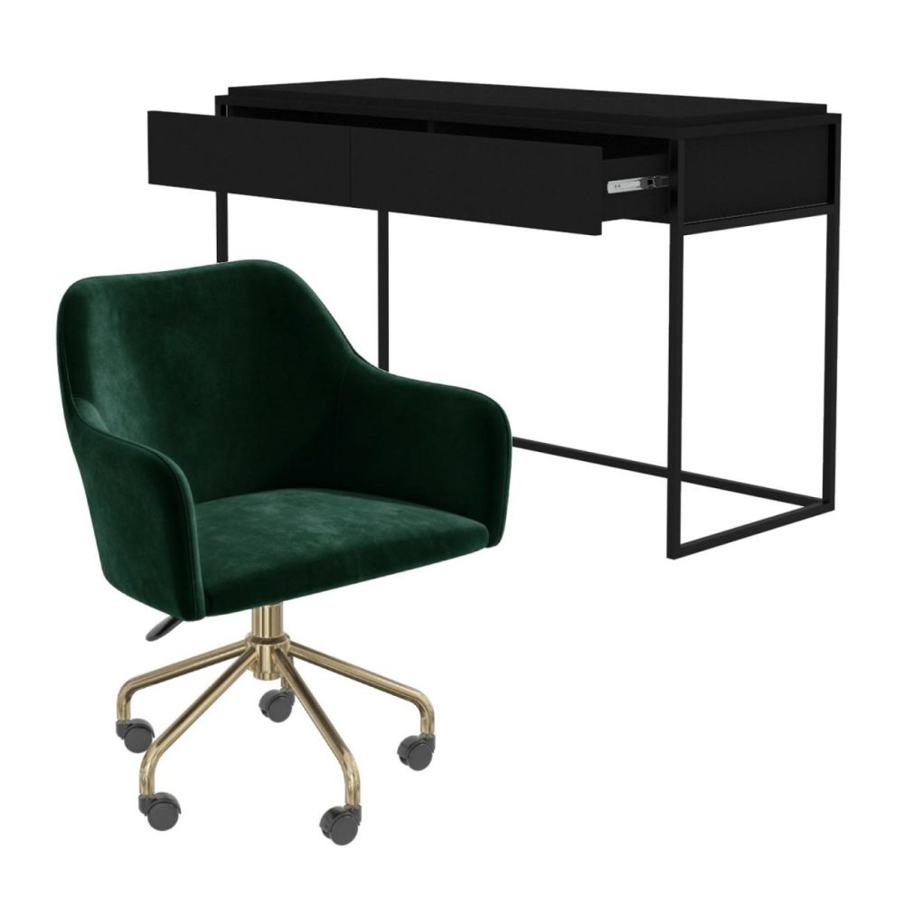 Black Wood & Green Velvet Office Desk And Chair Set – Larsen Furniture Sets