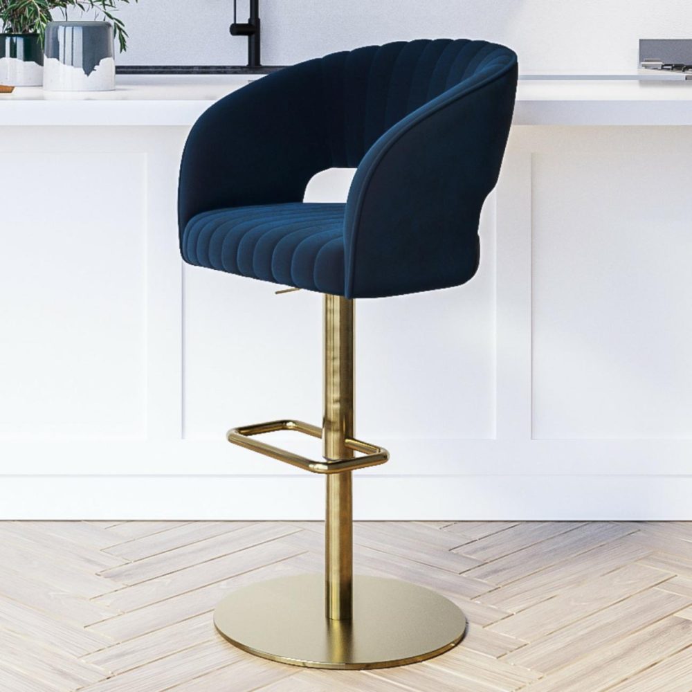 Blue Velvet Adjustable Swivel Bar Stool With Curved Back – Runa Bar & Kitchen Stools