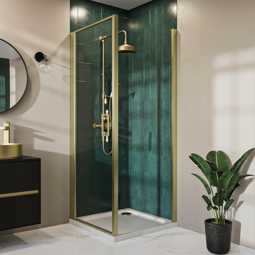 Brushed Brass 8Mm Glass Square Hinged Shower Enclosure 800Mm – Pavo Bathroom