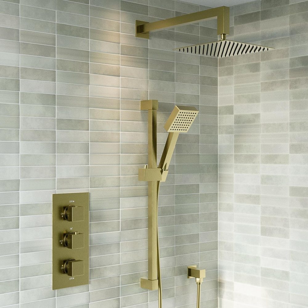 Brushed Brass Dual Outlet Wall Mounted Thermostatic Mixer Shower With Hand Shower – Zana Bathroom