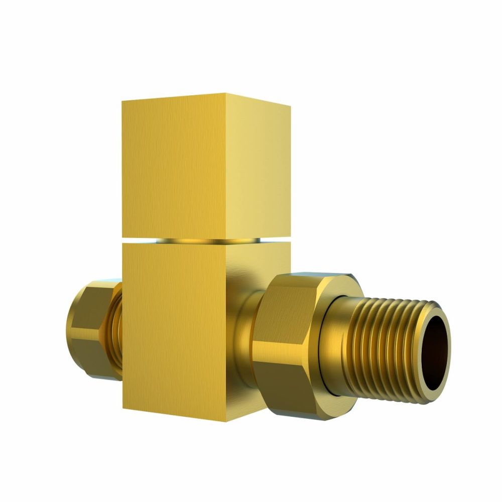 Brushed Brass Square Straight Radiator Valves – For Pipework Which Comes From The Floor Fires