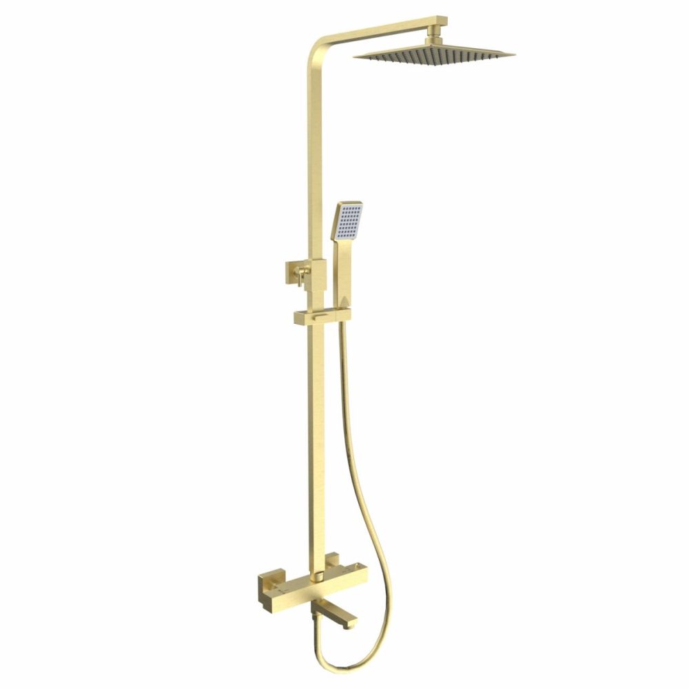 Brushed Brass Square Thermostatic Bar Bath Mixer Shower With Slide Rail Kit & Hand Shower – Zana Bathroom