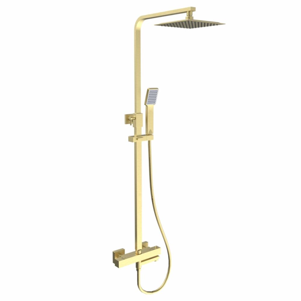 Brushed Brass Square Thermostatic Bar Bath Mixer Shower With Slide Rail Kit & Hand Shower – Zana Bathroom