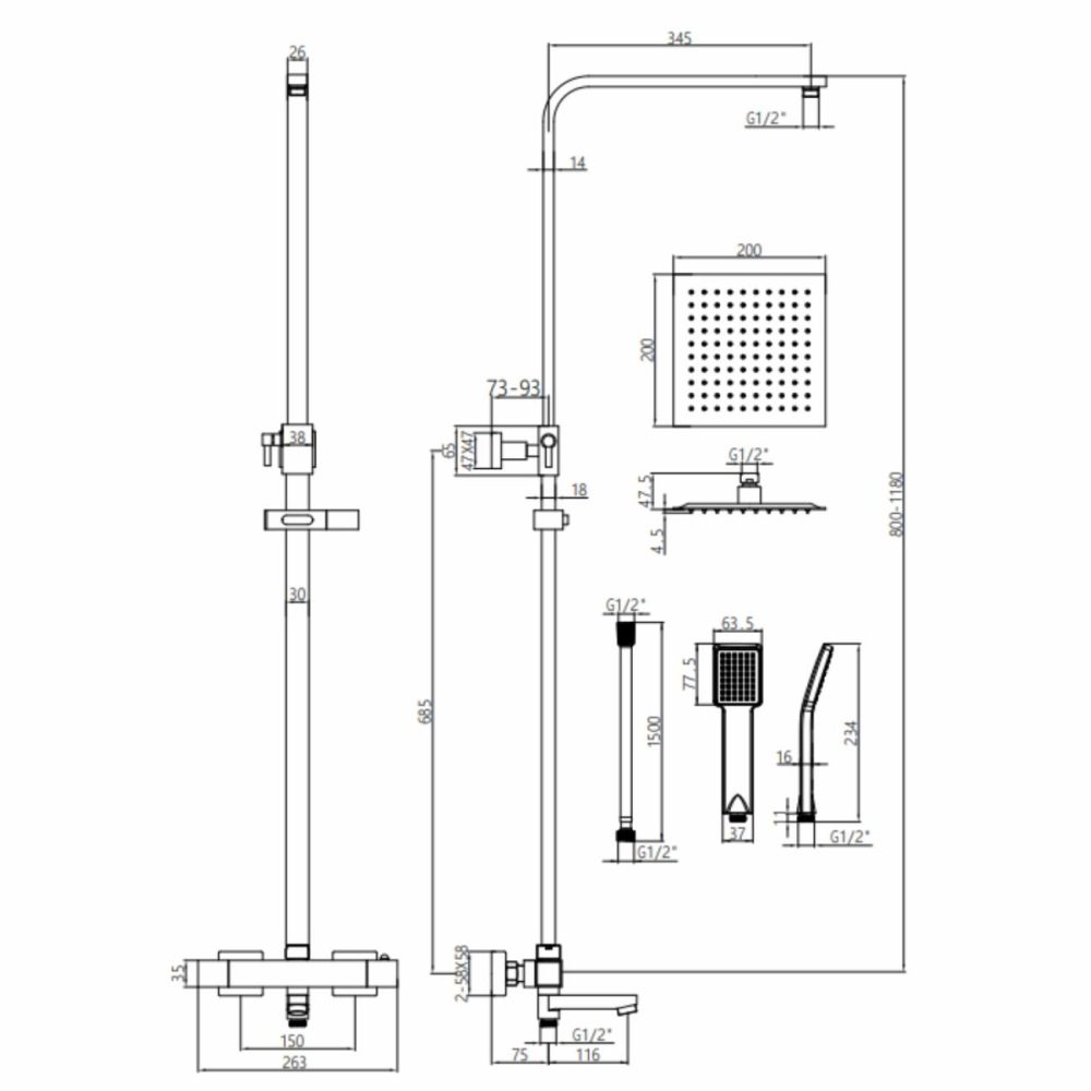 Brushed Brass Square Thermostatic Bar Bath Mixer Shower With Slide Rail Kit & Hand Shower – Zana Bathroom