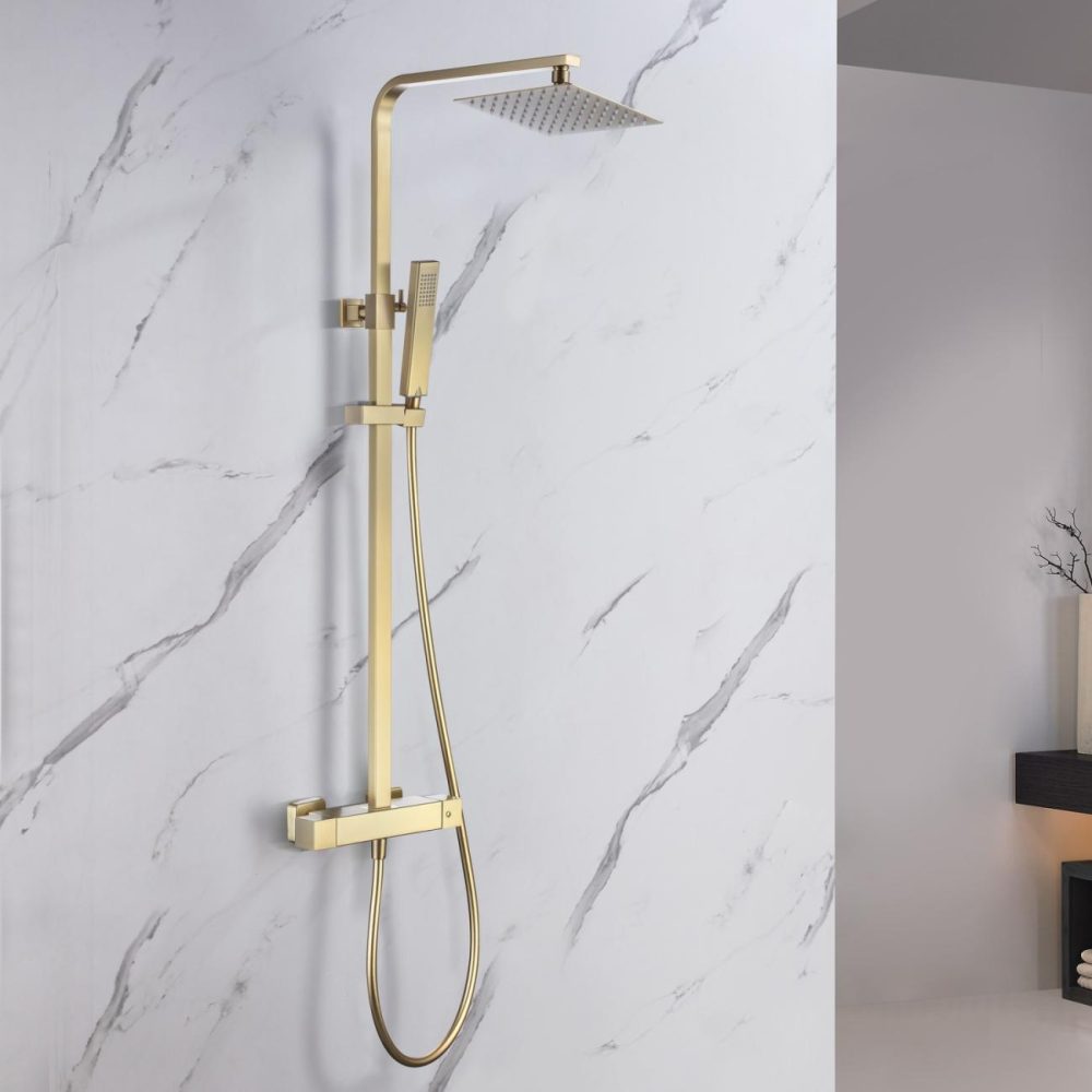 Brushed Brass Thermostatic Bar Mixer Shower With Slide Rail Kit & Hand Shower – Zana Bathroom