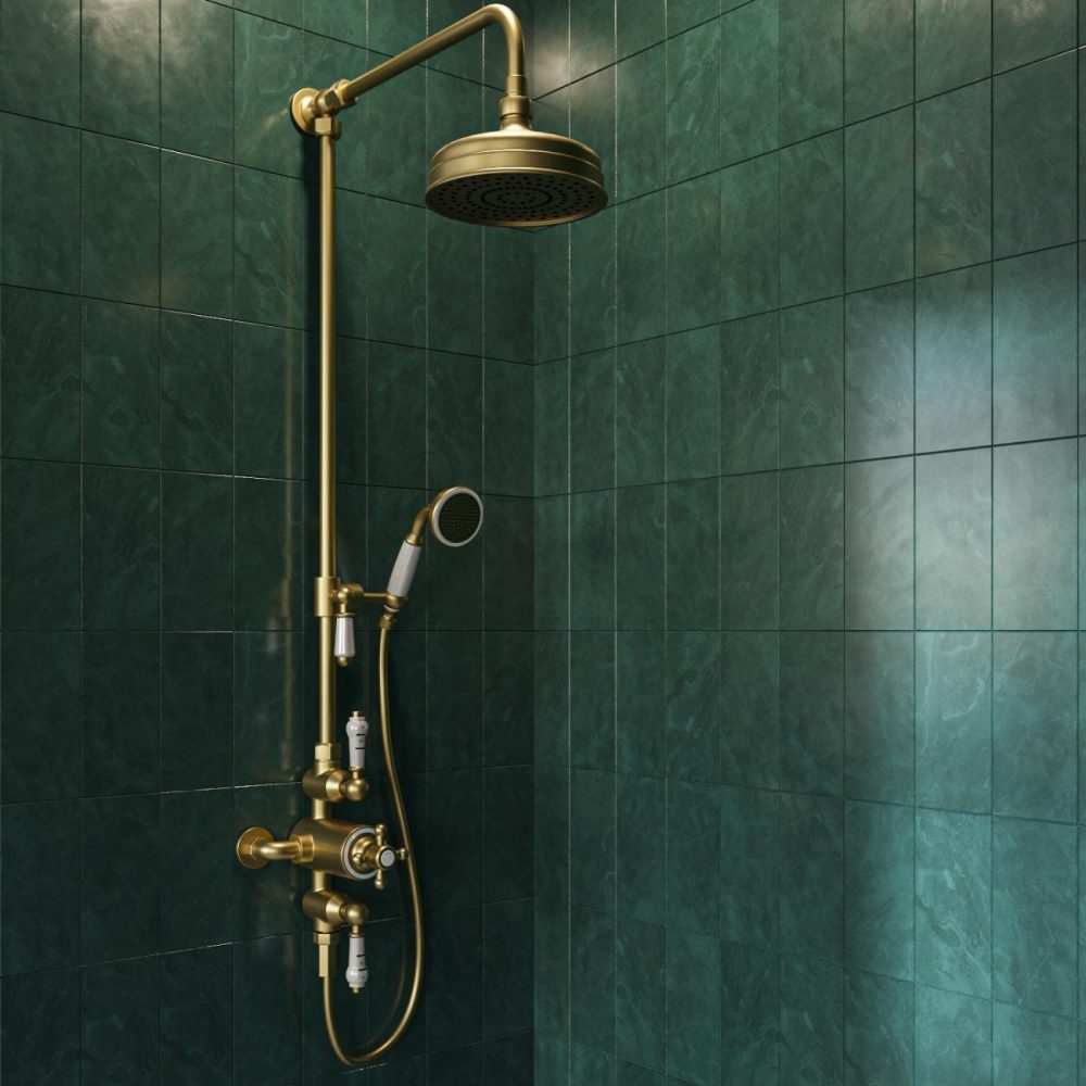 Brushed Brass Traditional Thermostatic Mixer Shower With Slide Rail Kit & Hand Shower – Camden Bathroom