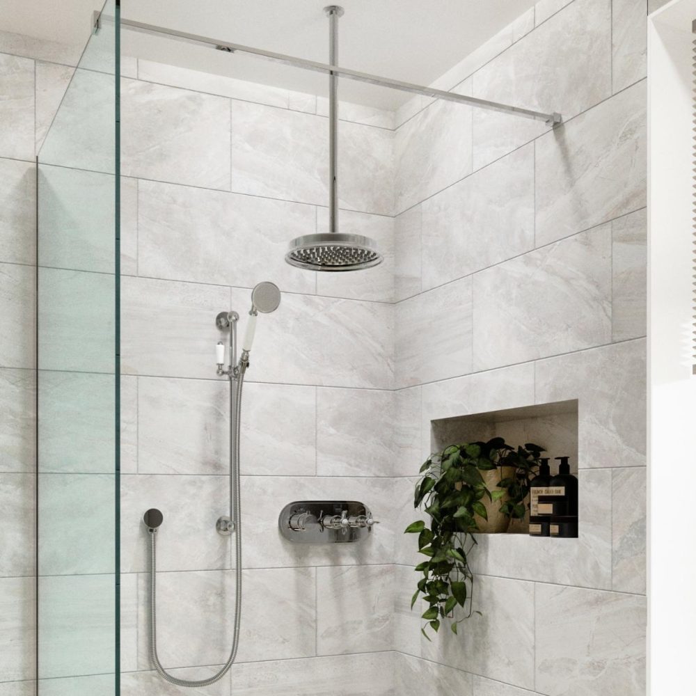 Chrome Dual Outlet Ceiling Mounted Thermostatic Mixer Shower With Hand Shower – Camden Bathroom