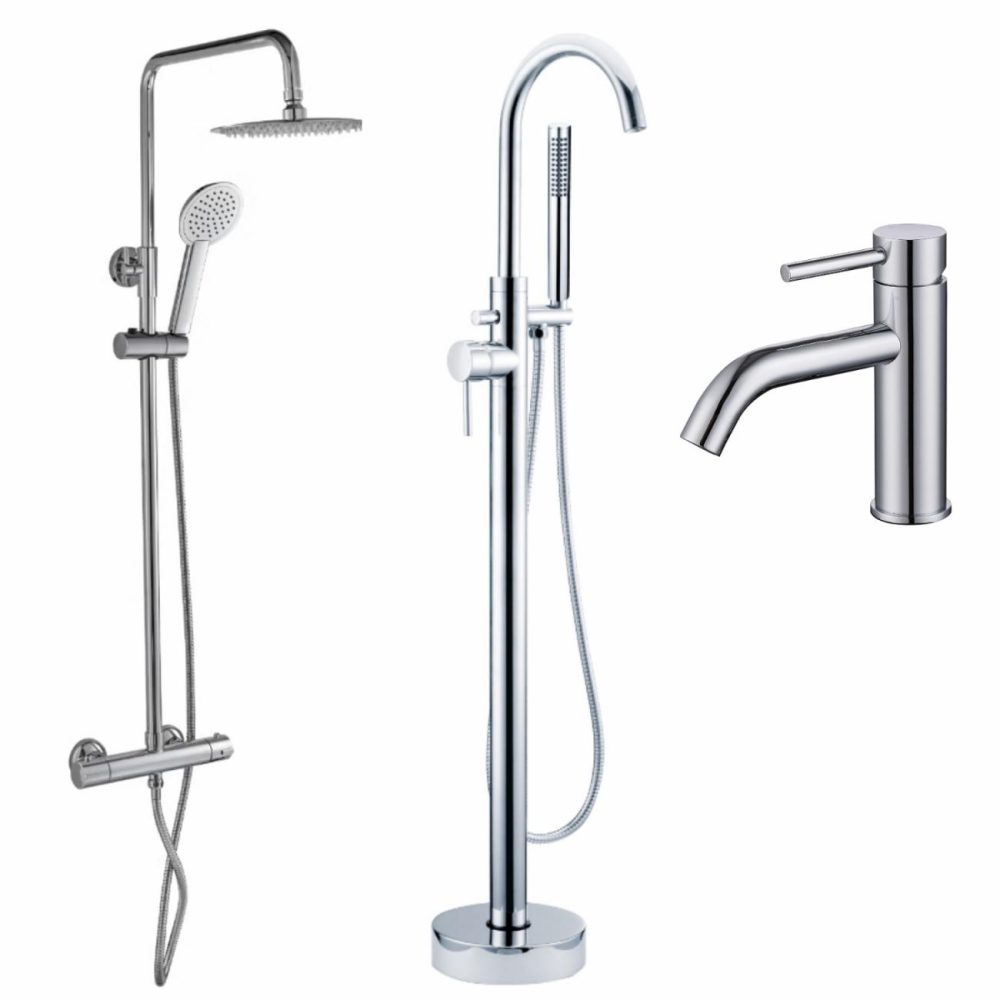 Chrome Mixer Shower With Freestanding Bath And Basin Tap Set – Arissa Bathroom