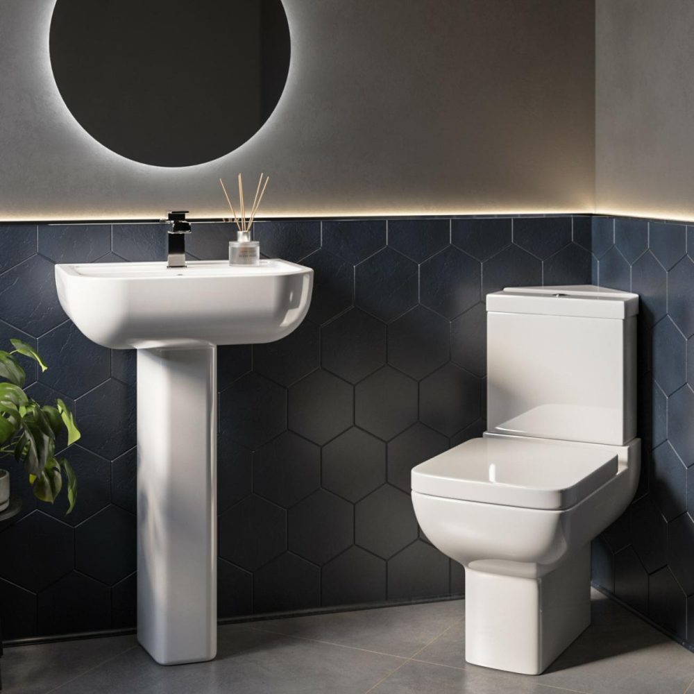 Close Coupled Corner Toilet And Full Pedestal Basin Bathroom Suite – Seren Bathroom