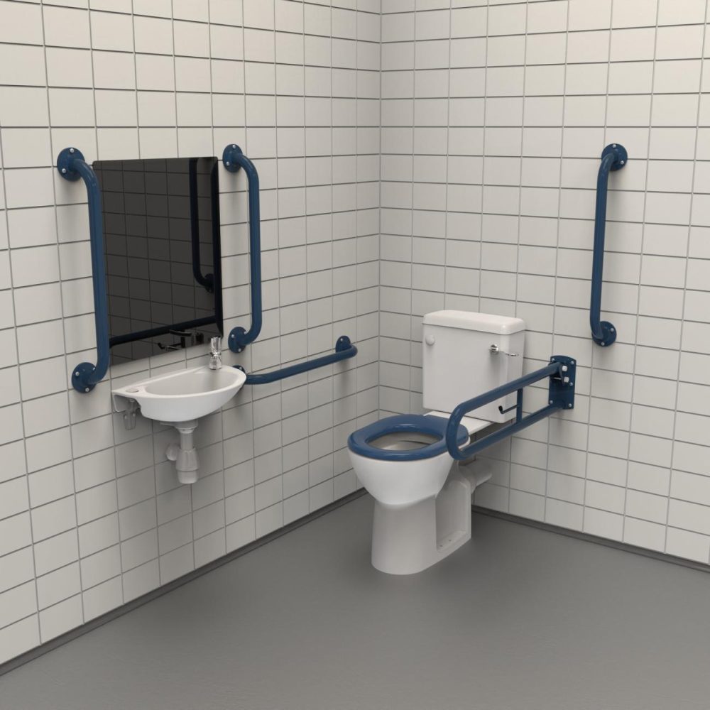 Close Coupled Doc M Toilet Pack Steel Exposed Fixings Dark Blue Bathroom