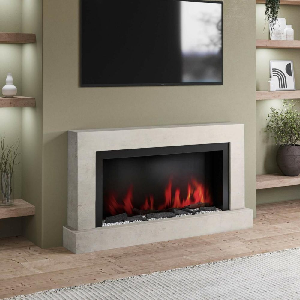 Concrete Stone Effect Free Standing Electric Fireplace With Led Lights 62 Inch- Amberglo Fireplace Suites