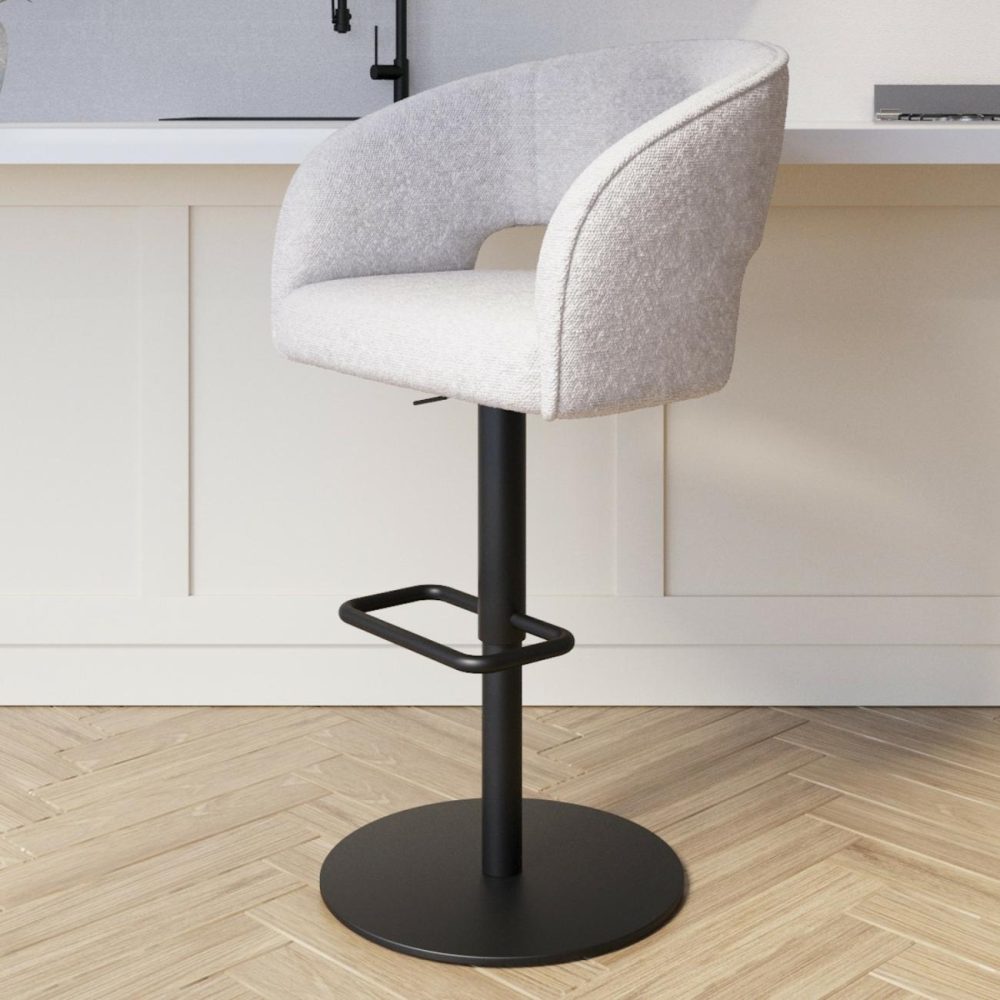 Curved Beige Boucle Adjustable Swivel Barstool With Black Metal Base – Runa Bar & Kitchen Stools