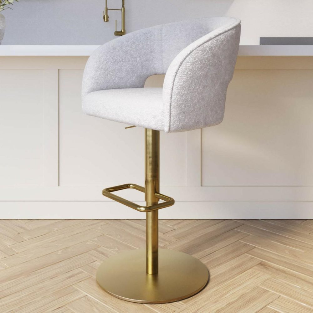 Curved Beige Boucle Adjustable Swivel Barstool With Gold Base – Runa Bar & Kitchen Stools