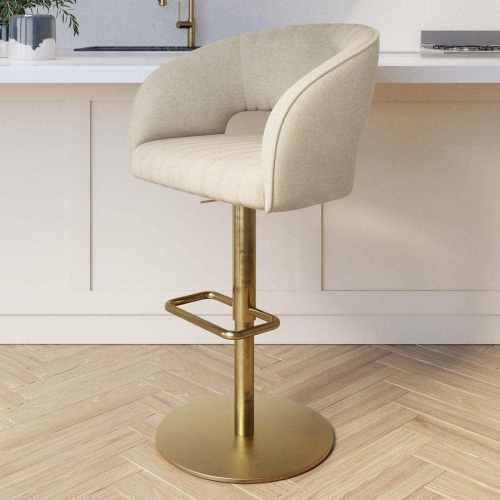 Curved Beige Fabric Adjustable Swivel Bar Stool With Gold Base – Runa Bar & Kitchen Stools