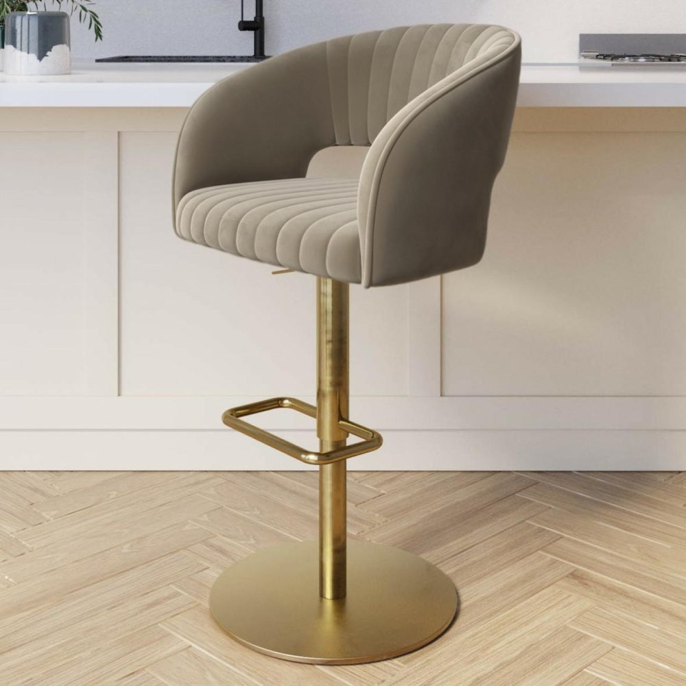 Curved Mink Matt Velvet Adjustable Swivel Bar Stool With Gold Base – Runa Bar & Kitchen Stools