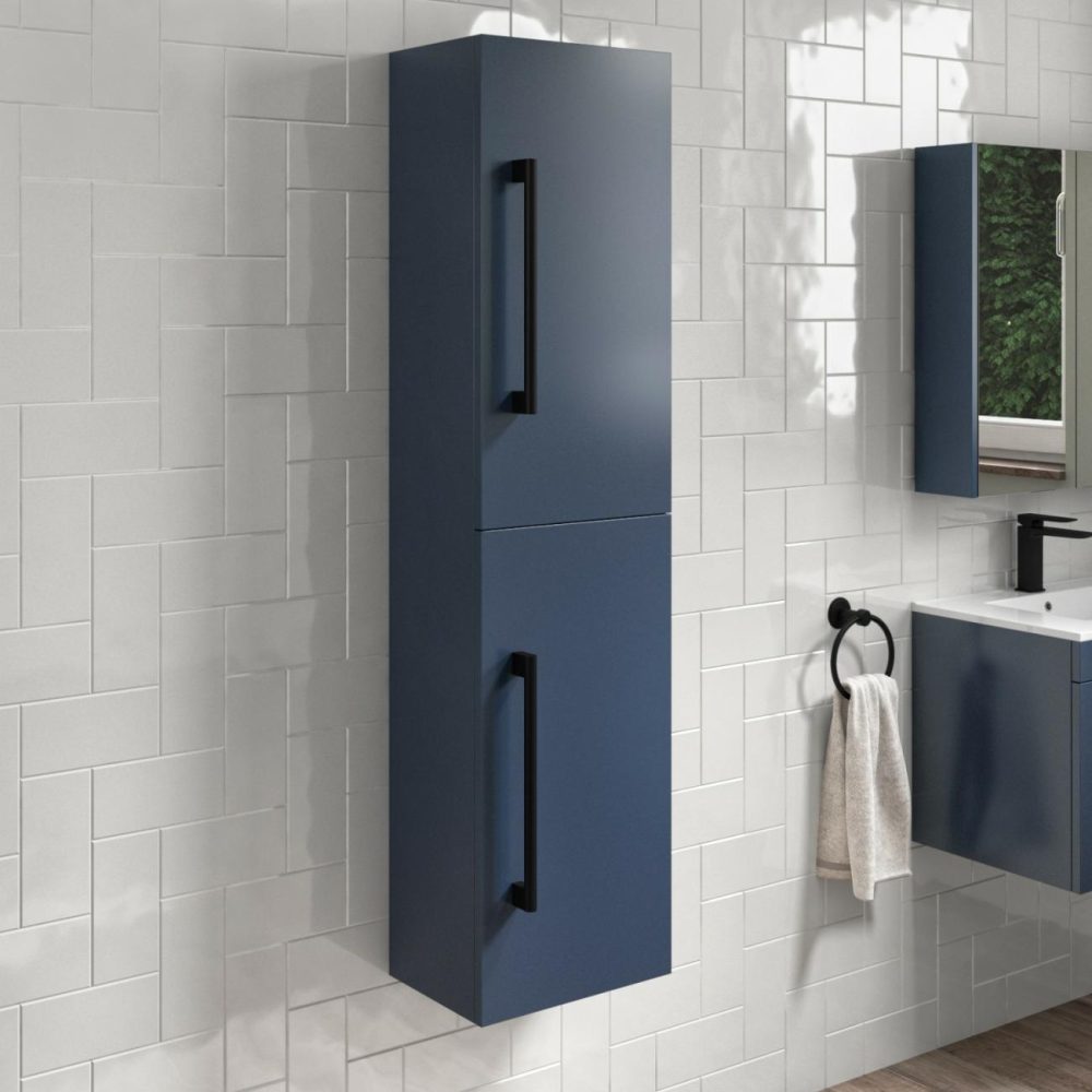 Double Door Blue Wall Mounted Tall Bathroom Cabinet With Black Handles 350 X 1400Mm – Ashford Bathroom