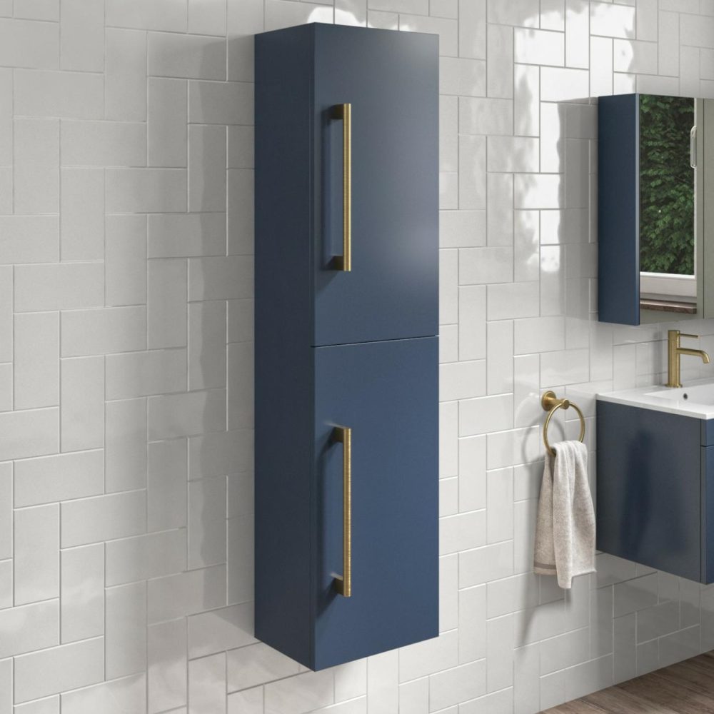 Double Door Blue Wall Mounted Tall Bathroom Cabinet With Brass Handles 350 X 1400Mm – Ashford Bathroom