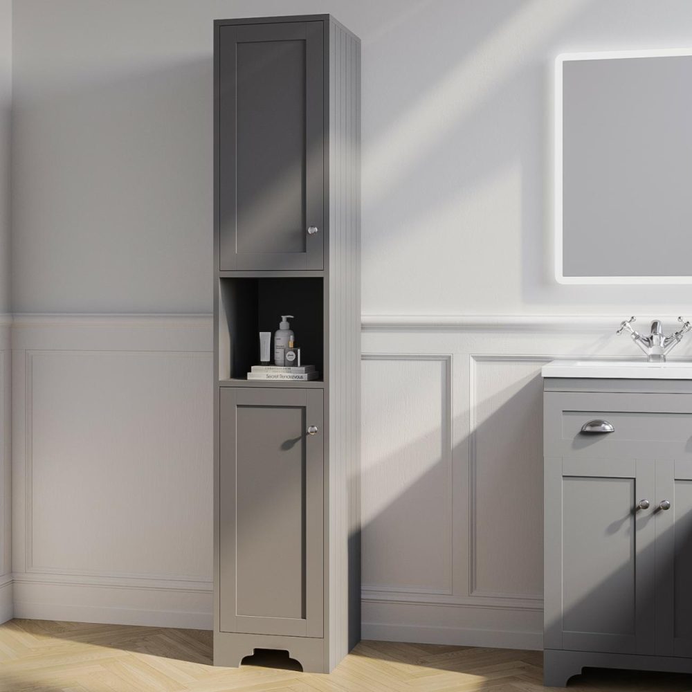 Double Door Grey Freestanding Tall Bathroom Cabinet 350 X 1884Mm- Baxenden Bathroom