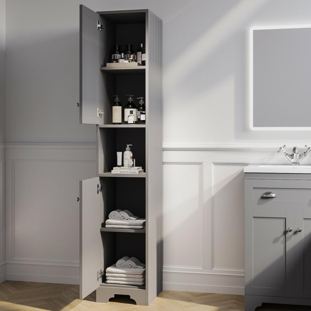 Double Door Grey Freestanding Tall Bathroom Cabinet 350 X 1884Mm- Baxenden Bathroom