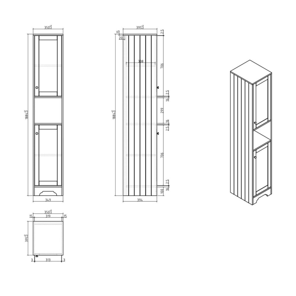 Double Door Grey Freestanding Tall Bathroom Cabinet 350 X 1884Mm- Baxenden Bathroom