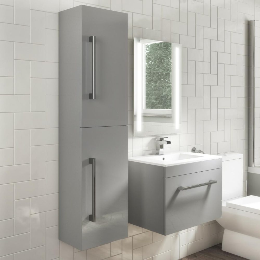 Double Door Grey Wall Hung Tall Bathroom Cabinet With Chrome Handles 350 X 1400Mm – Ashford Bathroom