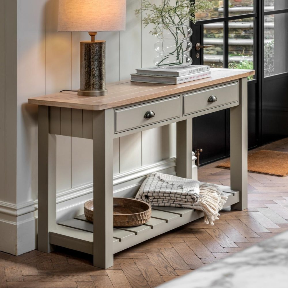 Eton 2 Drawer Console Table Sage Green – Caspian House Console Tables