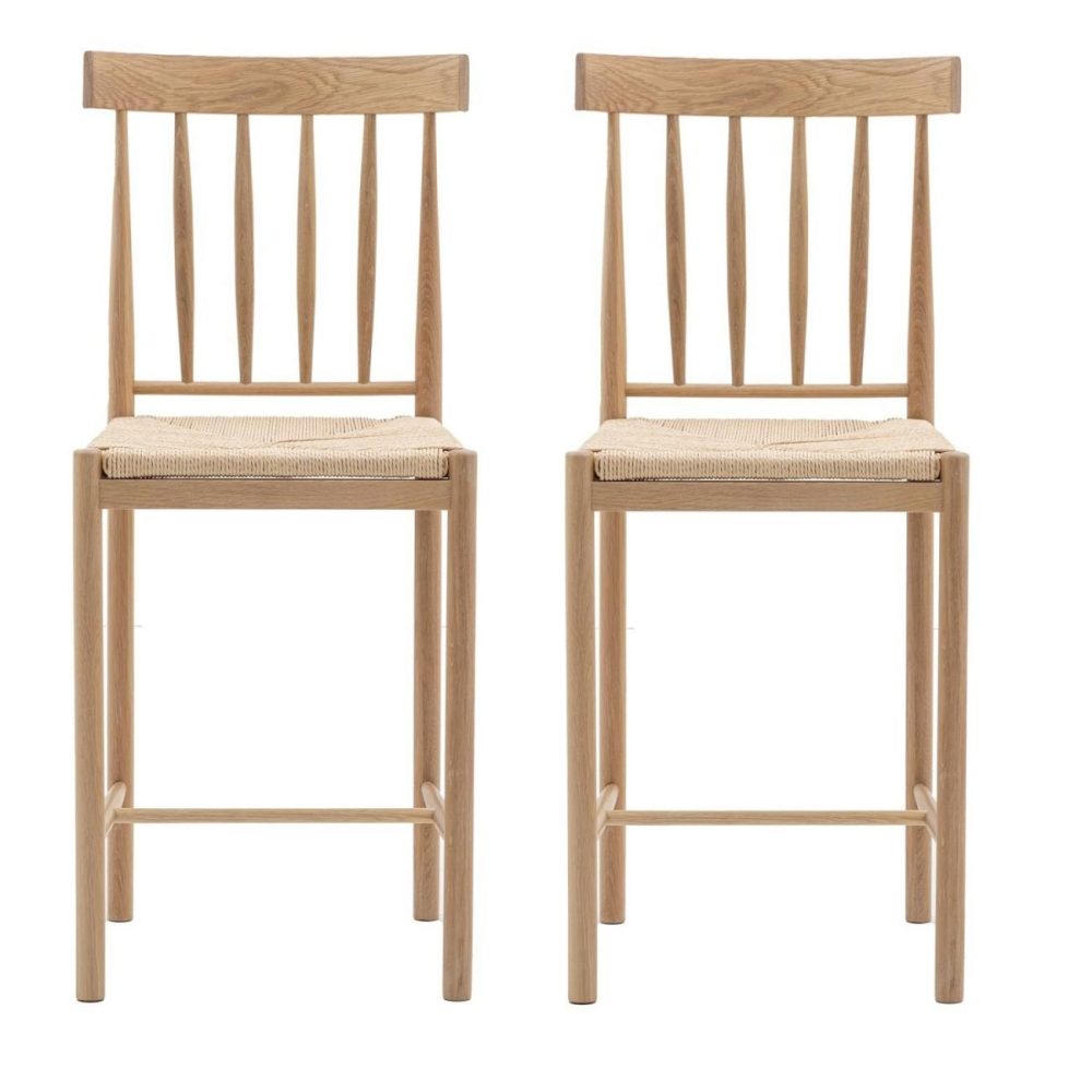 Eton Set Of 2 Solid Oak Bar Stools With Woven Seats Natural – Caspian House Bar & Kitchen Stools