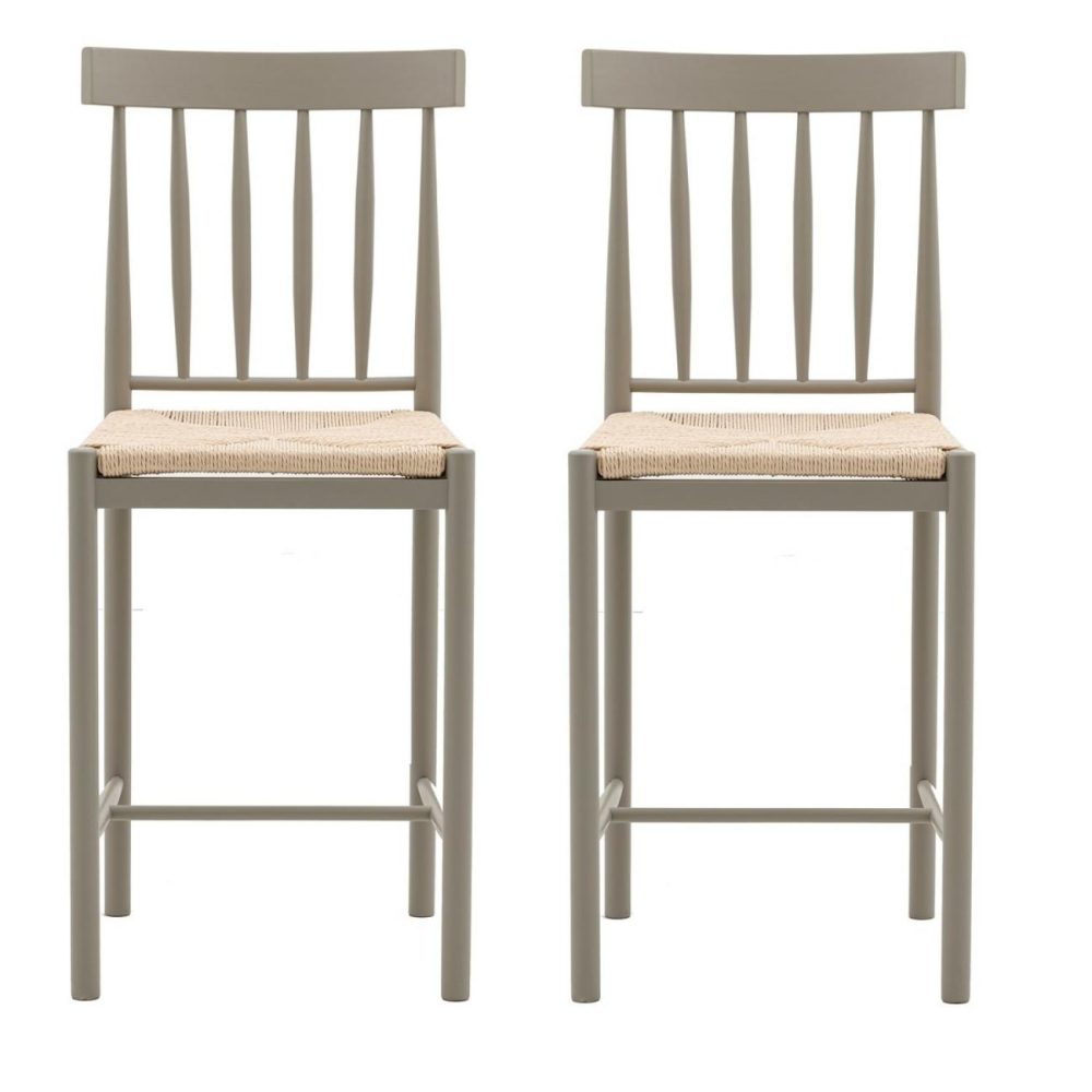 Eton Set Of 2 Solid Oak Bar Stools With Woven Seats Sage Green – Caspian House Bar & Kitchen Stools