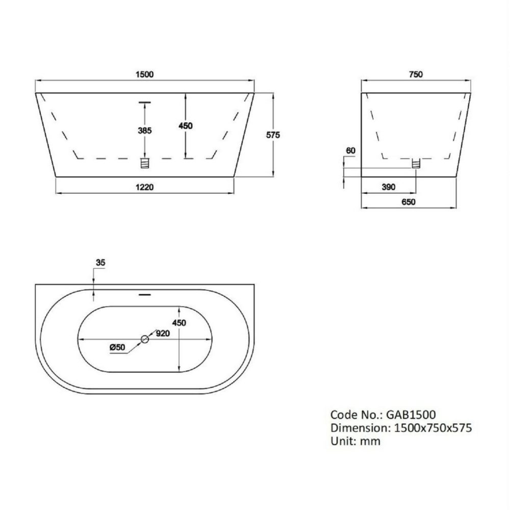 Freestanding Double Ended Back To Wall Bath 1500 X 750Mm – Gable Bathroom