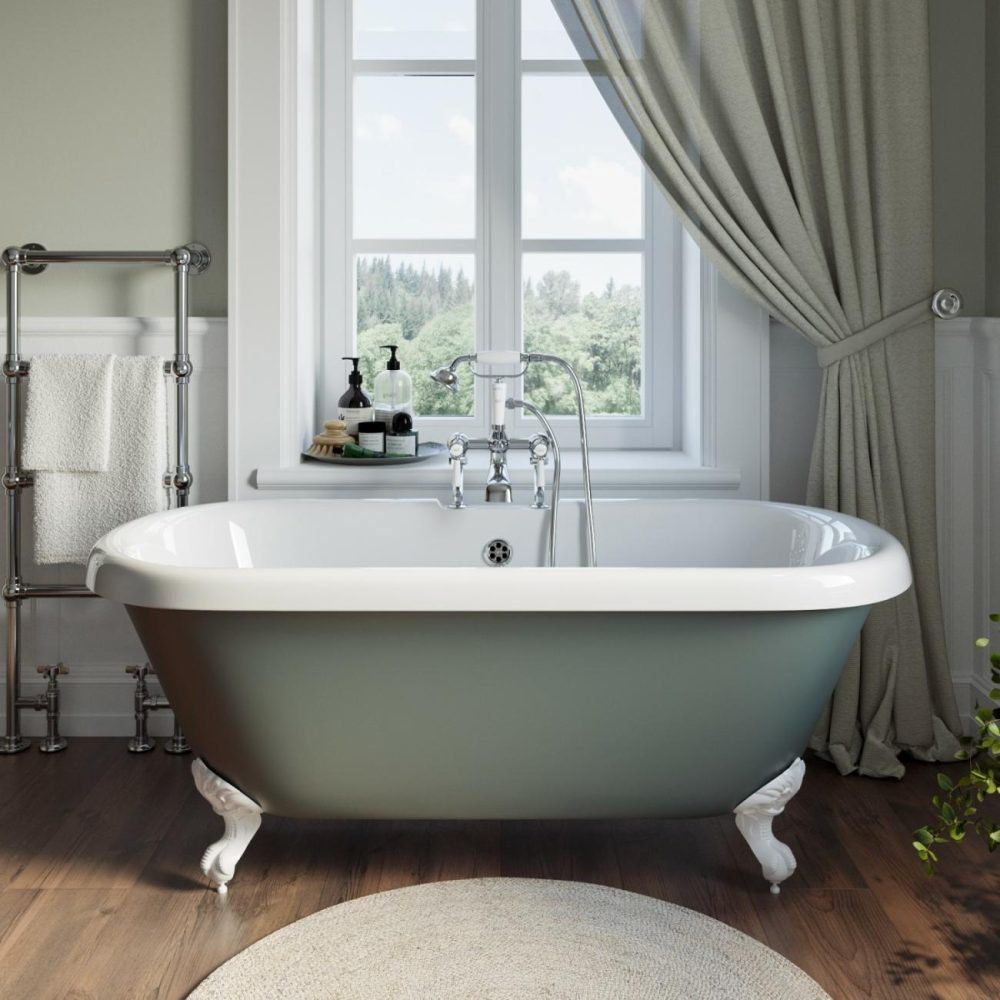 Freestanding Light Green Double Ended Roll Top Bath With White Feet 1515 X 740Mm – Park Royal Bathroom