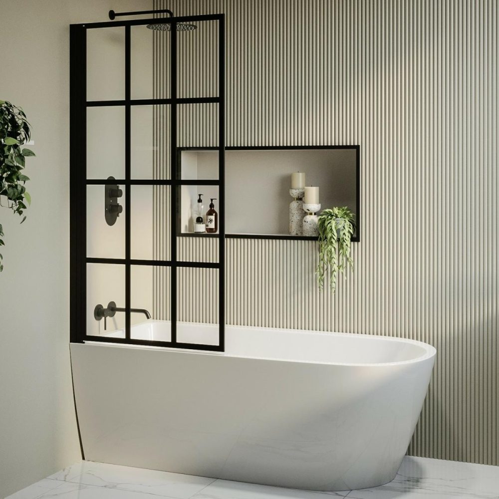 Freestanding Single Ended Left Hand Corner Shower Bath With Black Grid Bath Screen 1650 X 800Mm – Amaro Bathroom