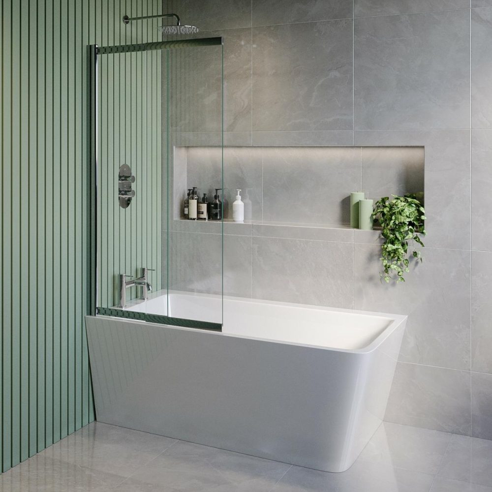 Freestanding Single Ended Left Hand Corner Shower Bath With Chrome Sliding Bath Screen 1500 X 740Mm – Kona Bathroom