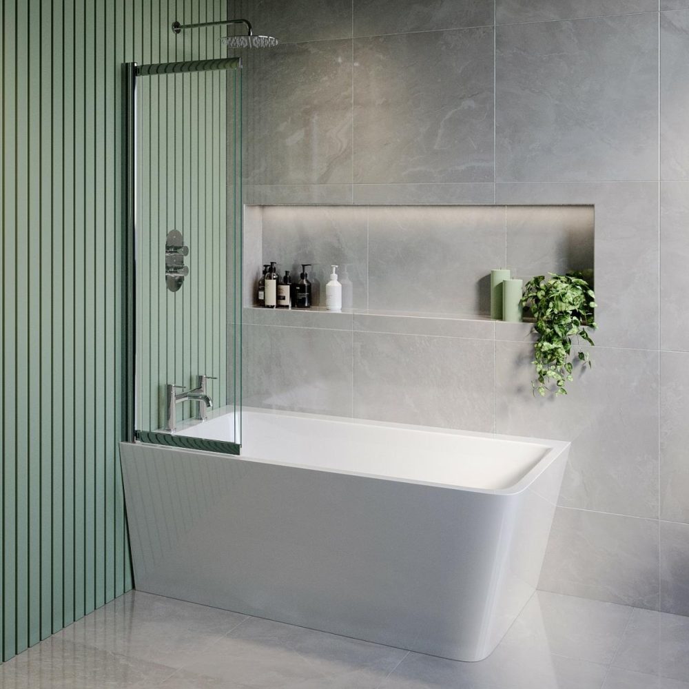 Freestanding Single Ended Left Hand Corner Shower Bath With Chrome Sliding Bath Screen 1500 X 740Mm – Kona Bathroom