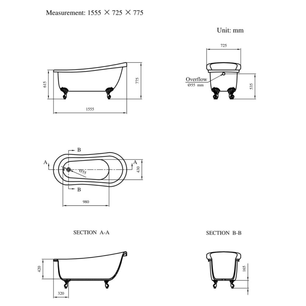 Freestanding Single Ended Roll Top Slipper Bath With Chrome Feet 1555 X 725Mm – Park Royal Bathroom