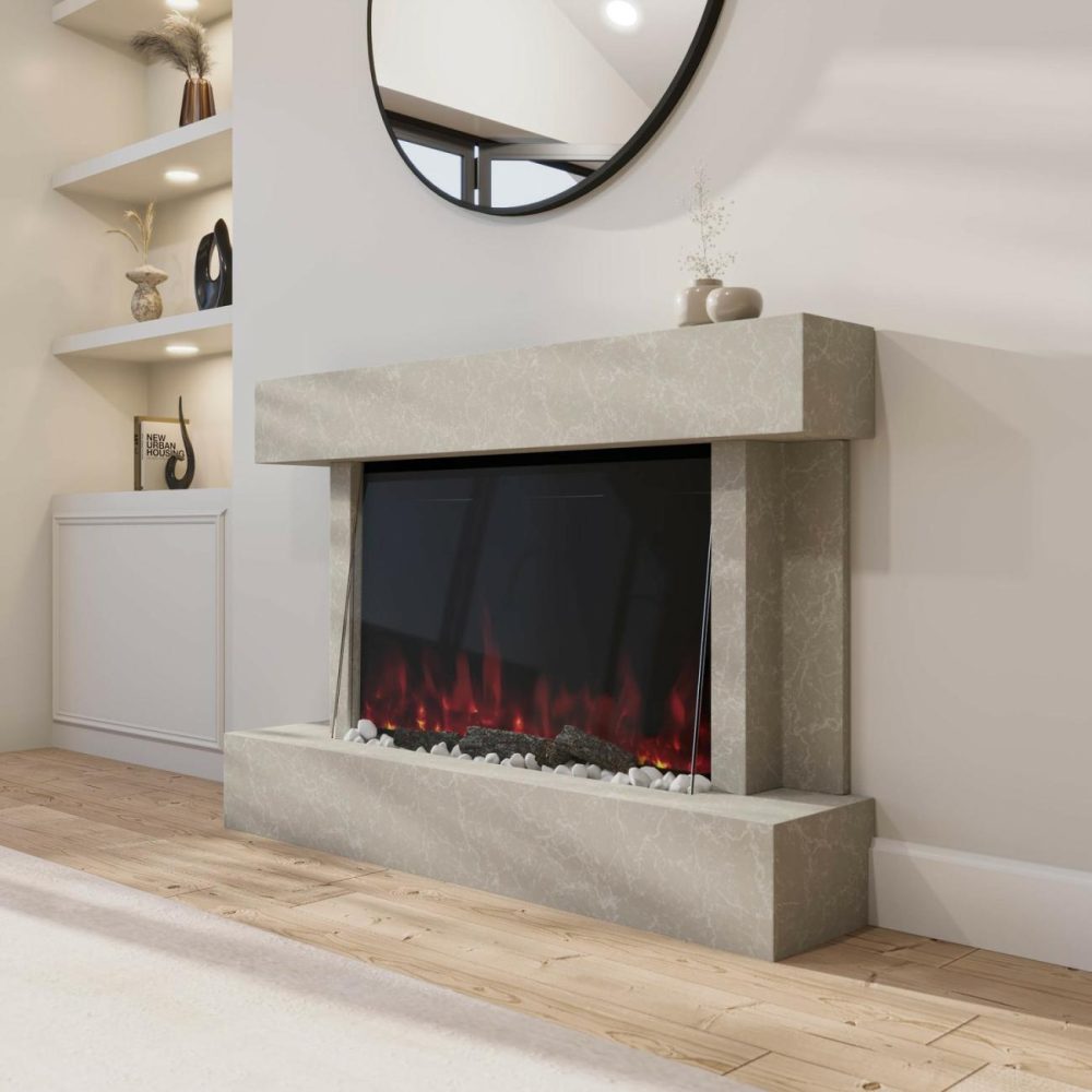 Freestanding Stone Effect Tall 44 Inch Electric Fire With Logs And Pebbles – Amberglo Fireplace Suites