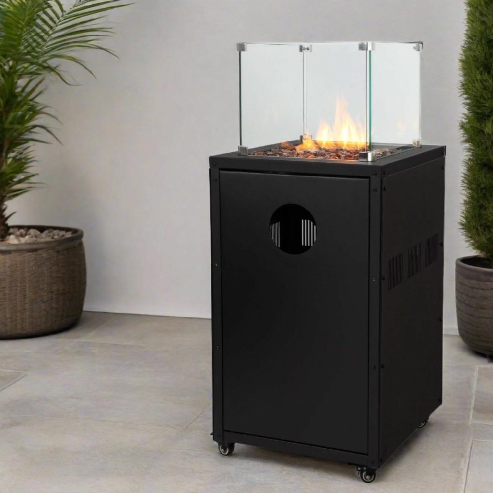 Glass Flame Gas Patio Heater With Glass Stones – Black Garden