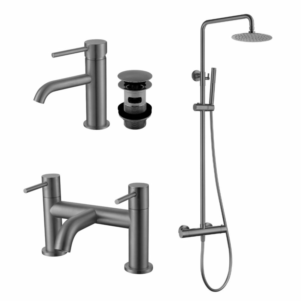 Gunmetal Grey Shower Bath And Basin Tap Set With Basin Waste – Arissa Bathroom