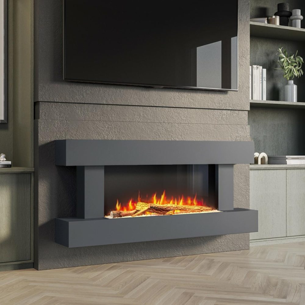 Imperfect – Grey Wall Mounted Electric Fireplace With Led Lights 52 Inch – Amberglo Fireplace Suites