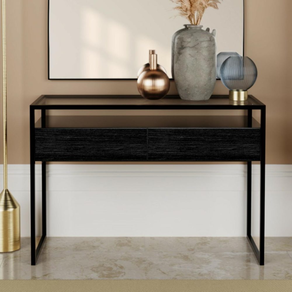 Large Black Glass Top Console Table With Drawers & Black Legs – Akila Console Tables