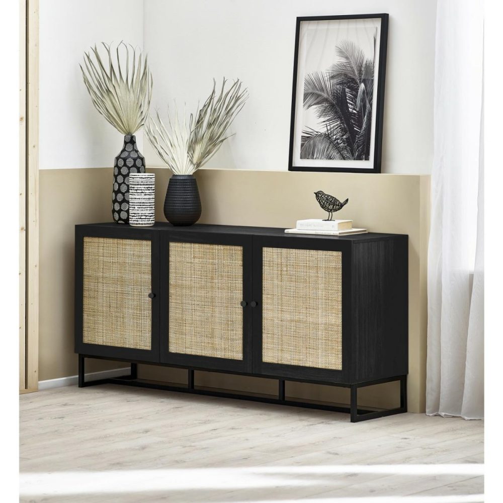 Large Black Sideboard With Rattan Doors – Padstow Furniture