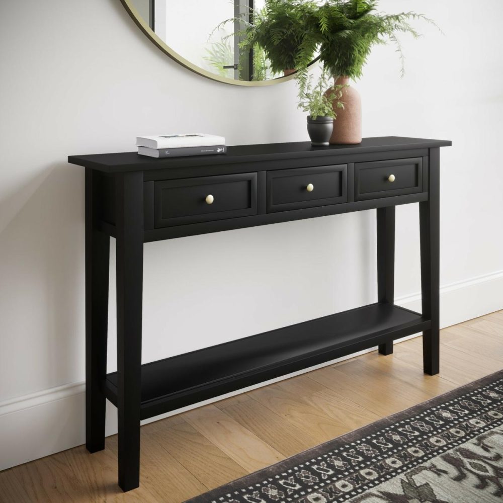 Large Narrow Console Table In Black Wood With Drawers – Elms Console Tables